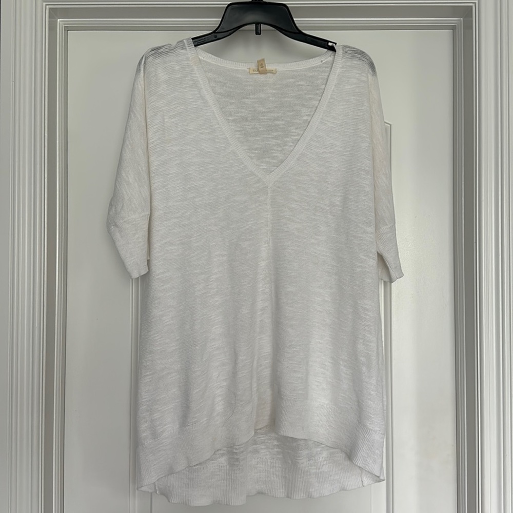 EF V Neck slub shirt, semi sheer , organic cotton,linen , below hips, M , white